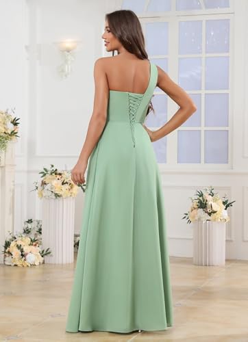 Sukleet One Shoulder Bridesmaid Dresses for Women A Line Ruched Chiffon Long Formal Wedding Guest Dress with Slit2