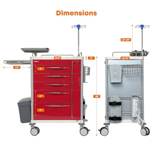 Metateel All-Aluminum Medical Rolling Crash Cart, Mobile Trolley Nursing Cart with 5 Tiers Drawers, Silent Casters, Adjustable IV Pole, CPR Board, Trash Bin, O2 Holder, for Clinic, Hospital, Lab - Thumbnail 3