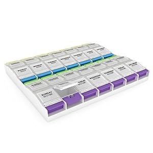 Ezy Dose 67583 Wekelijkse (7-daagse) Pillendoos, vitamine en medicijnen Organiser, 2XL drukknop compartimenten, 4 keer per dag, transparante deksels,Assorted