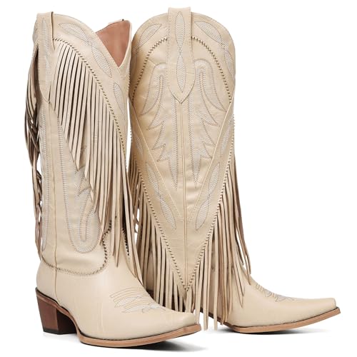 Mattiventon Cowboy Boots for Women Fringe Knee High Cowgirl Western Boots with Retro Embroidery Pointed Toe Chunky Heel for Weddings Parties