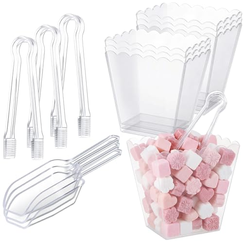CimoroWin 61 oz 6 Clear Plastic Candy Bar Containers with 3 Tongs and 3 Scoops Candy Buffet Supplies Reusable Scalloped Bowls for Party Station Weddings Birthday Dessert Snack Display
