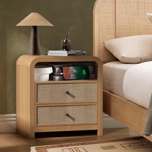Image of Oak&Sparrow 2 Drawer Tall Dresser for Bedroom, 23.6'' Rattan Dresser with Ample Storage, Boho Chest of Drawers, Thickened Curved Profile Design, Oak Dressers for Bedroom, Living Room
