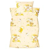 Set di biancheria da letto composto da due pezzi: 1 federa 40 x 60 cm con chiusura a busta, 1 copripiumino 100 x 135 cm con chiusura hotel. 100% puro cotone. Prodotto in UE. Per una buona notte di sonno abbiamo volutamente rinunciato a una chiusura lampo. Non c'è alcun rischio di ingestione di bottoni. La biancheria da letto è super e davvero bella. Di buona qualità e facile da applicare, lavare e asciugare.