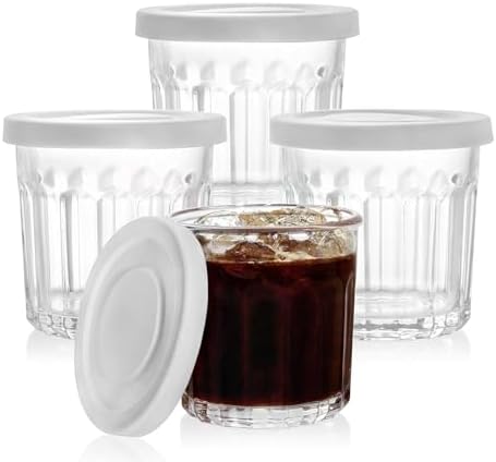 Working Glass Cups with Lids Set of 4,13.5oz Thick Drinking Glass...