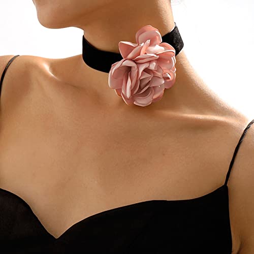 Zeshimb Boho Black Velvet Choker Necklace 3D Pink Rose Flower Necklace Satin Floral Collar Necklace Exaggerated Large Flower Necklace Cosplay Gifts Jewelry For Women Girls #TOP1