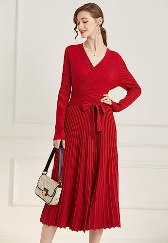 Image of RanRui Womens Winter Fall Pleated Knitted Fit and Flare Long Sleeve Sweater Dress