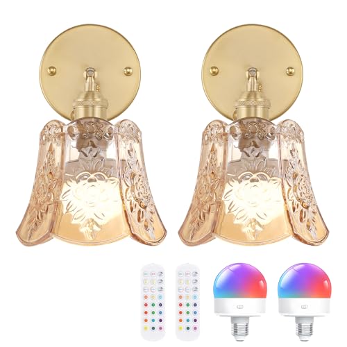 Image of Shenmoyl Vintage Battery Operated Wall Sconces Set of Two, Wireless Battery Powered Rose Wall Sconce with Remote Control, RGB Dimmable LED Wall Light for Bedside Bedroom Living Room (Amber)