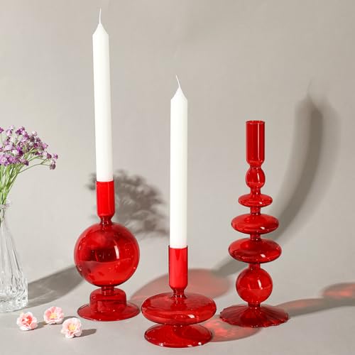 Rtteri Kerzenhalter aus Glas, groovig, gewellt, elegant, für Hochzeit, Zuhause, Geburtstag, Party, Weihnachten, Halloween, Dekoration, Fensterbank, Dekoration, Rot, 3 Stück