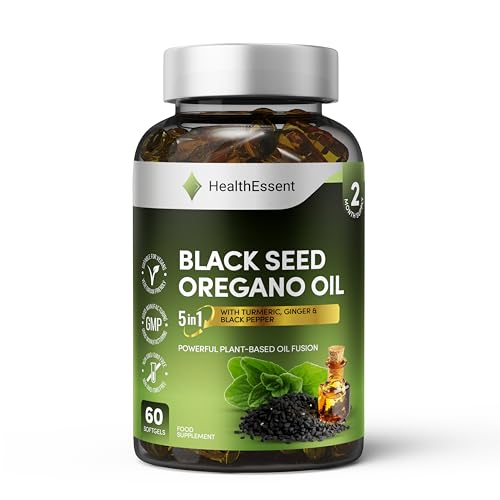 HealthEssent Oil of Oregano with Black Seed Oil 6500mg Complex - 5-in-1 Blend with Turmeric, Ginger & Black Pepper - High Potency Carvacrol & Thymoquinone - (2 Month Supply) - 60 Vegan Capsules