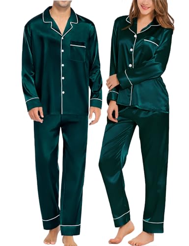 SWOMOG Couples Matching Pajamas Sets Women & Men Silk Satin Long Sleeve Button Down Sleepwear 2 Pcs Classic Loungewear Women Deep Green XX-Large