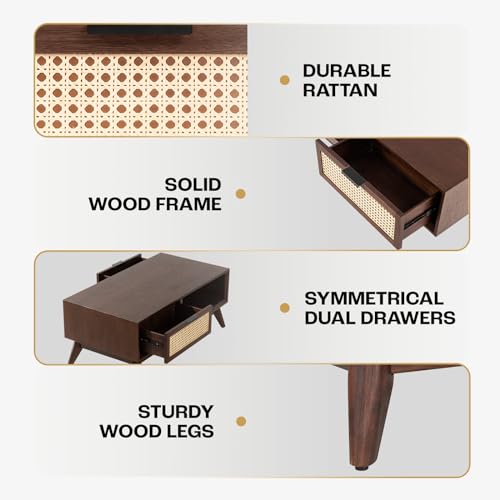 Image of Bme Modern Solid Wood Coffee Table with Storage, Accent Rattan Design, Perfect for Living Room, Walnut, Medium