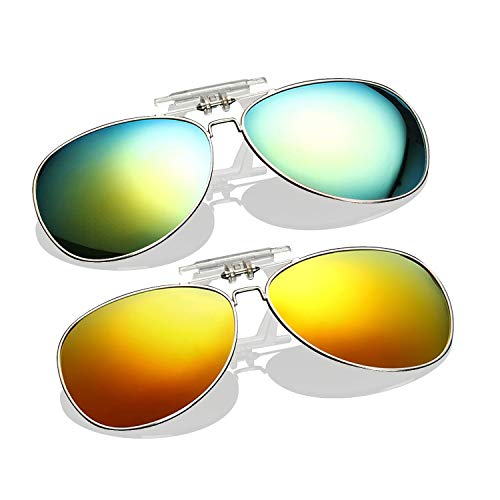 SummitLink Clip on Flip up Sunglasses Over Reading Glasses Color Polarized Invisible Transparent Clip Sunglasses Lenses 2Pcs Combo (1x Green 1x Orange)