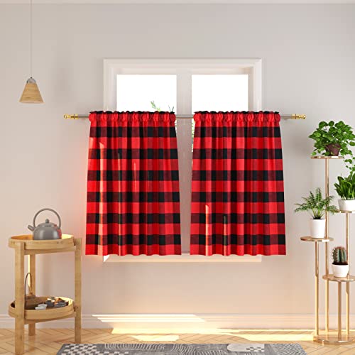 NATUS WEAVER Cafe Curtains 36 inches Long Buffalo Plaid Kitchen Tiers 2 Panels Rod Pocket Gingham Check Short Small Window Curtains Bathroom Red & Black