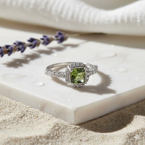 Ravishing Impressions Bague en moldavite et oxyde de zirconium sertie de pierres précieuses vertes à facettes carrées et rondes 6 x 6 mm 2 mm 2,7 g, Q1/2,58(18.5), Pierre précieuse, Moldavite, zircon – vue 3