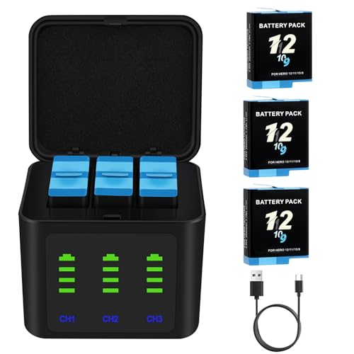 Battery Charger Kits for GoPro Hero 12 11 10 9 Black, 3-Pack Replacement Batteries and Triple Charge Case with Type-C Charging Cord for Go Pro 12 11 10 9 Official Batteries Accessories by Futurebatt - Used condition - US$23.95