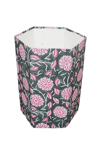 Image of Generic 3.3 Gallon Cotton Hand Block Printed Paper Waste Basket |Small Decorative Trash Can for Housewarming Gifts in Living Room, Bedroom, Bathroom | Eco-Friendly, Plastic-Free (1, LIGHT PINK GREEN)
