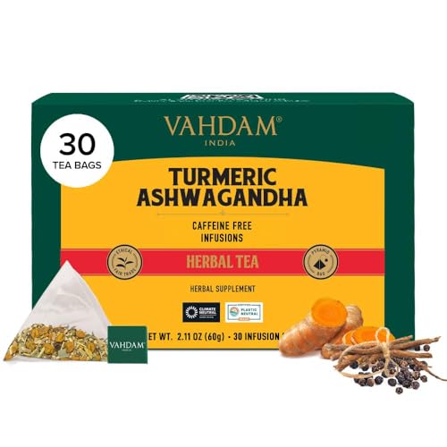 VAHDAM, Turmeric Ashwagandha Herbal Tea Bags (30 Count) Caffeine Free, Non GMO, Gluten Free | 100% Pure Herbal Blend - Sweet & Earthy | Individually Wrapped Pyramid Tea Bags | Direct from Source