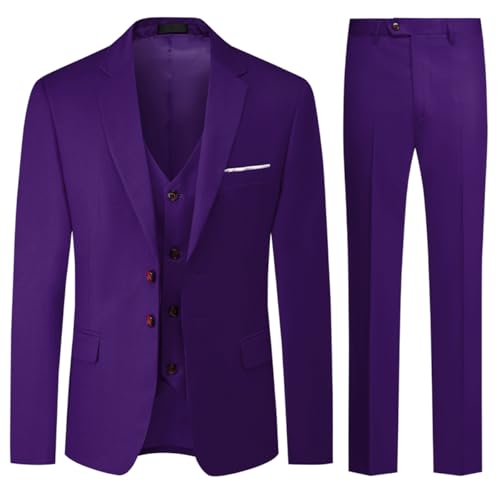 Allthemen Costume Homme Mariage 3 Pièces Slim Fit Smoking Costume Couleur Unie Deux Boutons Formel Veste Gilet et Pantalon Violet L