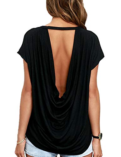 Top Blusa De Verano Manga Corta Espalda Descubierta Camiseta Túnica para Mujer Negro L Cover