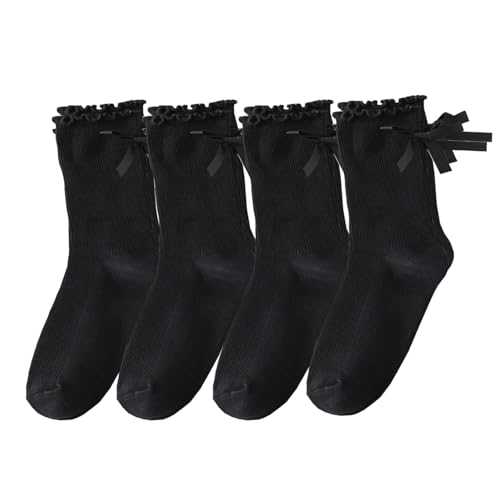 Image of Womens Bow Socks Ruffle Casual Crew Black Whitte Soft Breathable Cotton 4 Pairs Socks