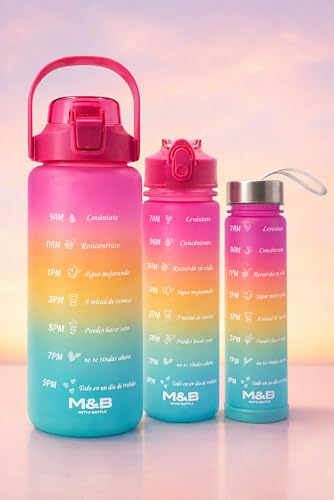 3'lü Motivasyonel Matara Seti (2L - 900 ml - 500 ml) - Tritan Pipetli Sporcu Su Şişesi Bpa Free (Gökkuşağı)