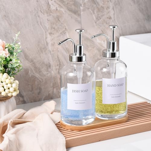 Image of Glass Soap Dispenser with Pump, Dish and Hand Soap Dispenser for Kitchen Bathroom Set, Clear Glass Dispenser Set of 2 Pack with 18 Stickers Funnel Bamboo Tray 500ml 18oz / Each Bottle Sliver Pump