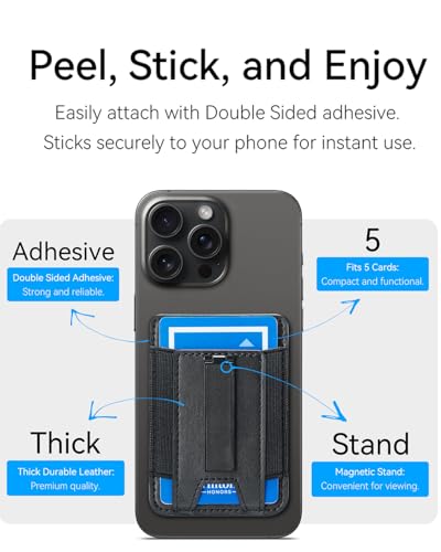 Image of Phone Card Holder Wallet with Stand, Hold 6 Card for iPhone Andriod | Stretch fabric card holder stick on back of phone case. Built-in stand for hands-free viewing. Holds 6 credit /ID cards