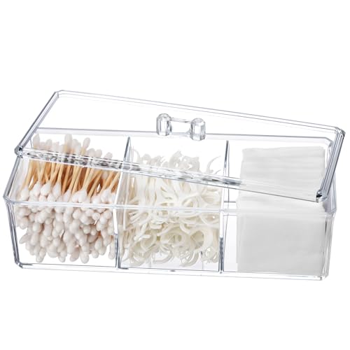Qtip Holder Transparent 3 Compartments Cotton Ball and Swab Holder Organizer with Lid,Jar for Cotton Rounds,Bathroom Containers,Clear Acrylic Desk Organizer for Makeup Pads,Cosmetics Bedroom