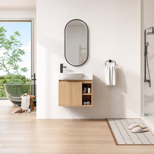Image of 26 inch Wall Mounted Bathroom Vanity with Ceramic Sink, Modern Floating Bathroom Cabinet with Soft-Close Door & 2 Open Storage Shelves, Farmhouse Small Bath Vanity Set, Easy to Clean, Oak