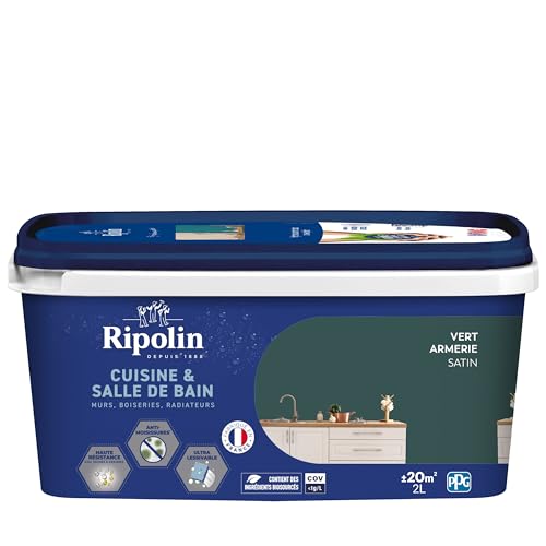 RIPOLIN - Peinture Intérieure Cuisine et Bain – Murs, Boiseries & Radiateurs - Adapté Pièces Humides - Effet Perlant - Lessivable - Haute Résistance - Vert Armerie - Satin - 2L