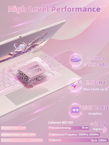Image of 14 inch Pink Laptop, 8GB RAM 256GB NVME SSD, Office 2024 for Work and Study | N5100 Processor and FHD IPS Display Win 11 Pro, Numeric Keypad, Privacy Camera Cover, Expandable Memory up to 64GB