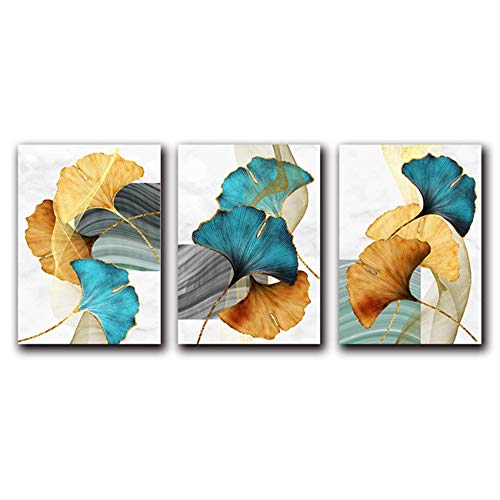 YCCYI Impression sur Toile Mur Art Peinture Bleu Vert Jaune Or Plante Feuille Abstraite Affiche Nordique Moderne Photo Salon Décoration 20x28 Pouces (50x70 cm) x3 Pas de Cadre Cover
