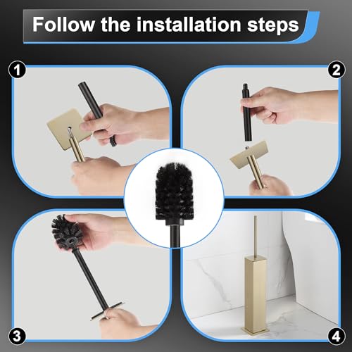 Image of BVL Toilet Brush and Holder Set Brushed Gold Stainless Steel 304 Square Freestanding Toilet Brush for Bathroom