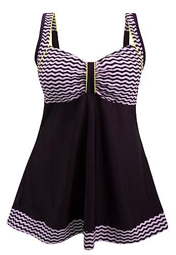 DANIFY Women's One Piece Swimdress Sailor Striped Bathing Suit Plus Size Swimwear Black IT52/US18