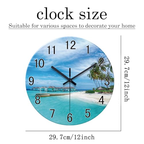 Image of XFM Blue Beach Wall Clock 12 Inch Coastal Nautical Round Glass | Silent Non-Ticking Battery Operated Modern Decorative for Living Room Kitchen Bedroom Office