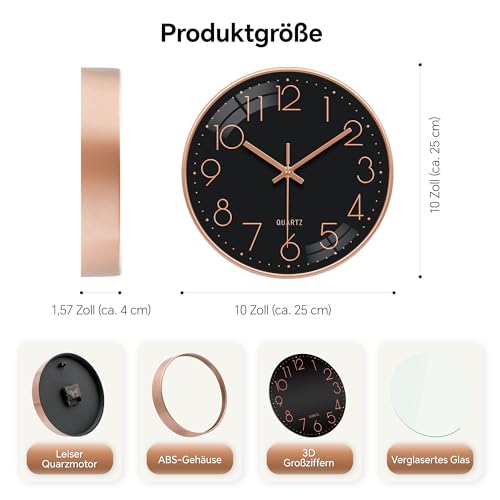VIKMARI Stiller Wanduhr 25 cm Batteriebetrieben Nicht-Tickend mit 3D-Goldzahlen Quarzuhr Analog Deko für Schlafzimmer Büro Badezimmer (Roségold Schwarz) – Bild 4