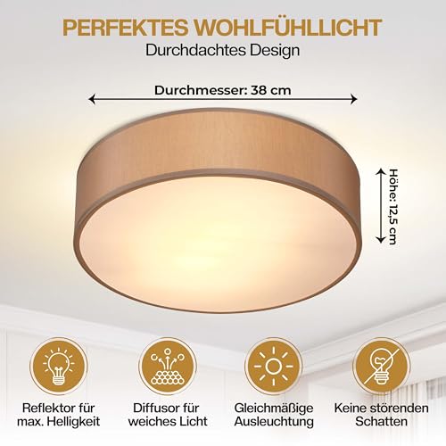 Monzana® 38cm Round Fabric Ceiling Light | Modern Fabric Material Circular Ceiling Lamp | Light Shade 2xE27 40 Watt Socket | Bedroom Lounge Childrens Room Office | Taupe - Image 5