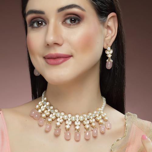 Image of Karatcart Pink Stone Studded Pearl Kundan Necklace Set for Women