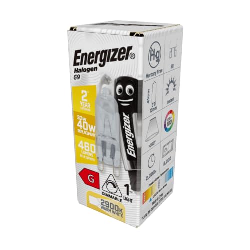 Energizer G9 Bulbs 33w = 40w G9 Halogen Bulbs. Warm White. Pack of 10. Dimmable. Suitable for G9 Light Fittings, Wax Burner, Salt lamp etc
