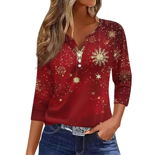 Image of Women Christmas Shirt 3 /4 Length Sleeve Henley Tops Xmas Outfits