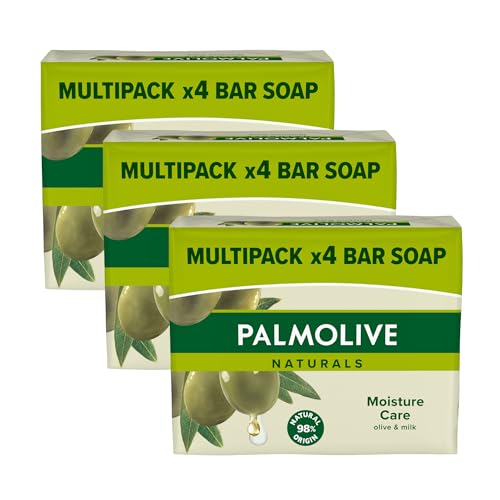 PALMOLIVE 4 Pack Naturals Soap Bar Moisture Care With Olive Milk, Each Pack (90 gram x 4) Vegan, Natural Origin Biodegradable Soap For Body Hands And Face, (Pack Of 3 - Total 12 Bars)