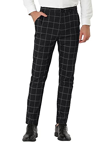 Lars Amadeus Pantalones de vestir a cuadros para hombre, corte ajustado, parte delantera plana, para negocios con bolsillo, Negro, 46