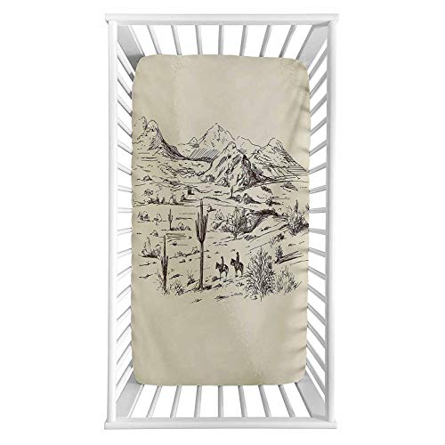 Image of Western Fitted Crib Sheet,Wild West Landscape Illustration with Mountains Desert Plants Cowboys on Horses Microfiber Silky Soft Toddler Mattress Sheet Fitted,28"x 52"x 8'',Baby Sheet for Boys Girls