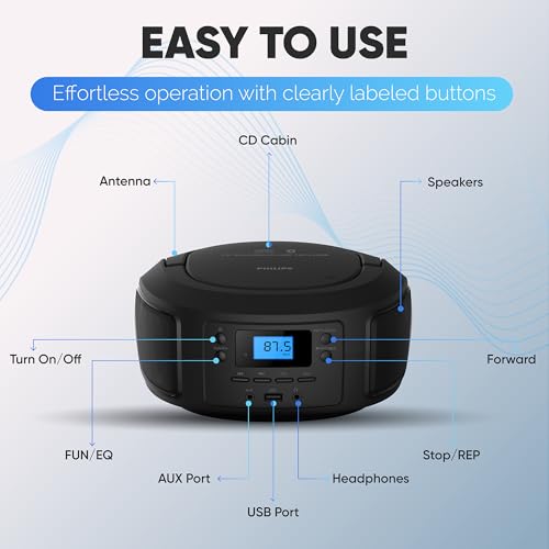 Image of Philips CD Player Portable with Bluetooth, Crystal Clear Sound Top Loading CD Boombox with FM Radio, USB Port & Aux Input, Compact & Lightweight Design,R /CD-RW /MP3 Compatible (Black)