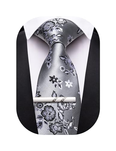 Image of Barry.Wang Floral Ties for Men Flower Necktie with Tie Clip Formal