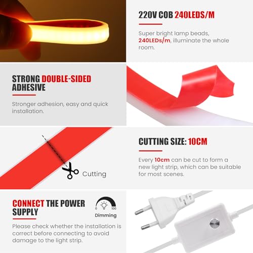 Wisada LED Band 3M, Wasserdicht IP65 Warmweiß Dimmbar LED Leuchtband Selbstklebend,240LEDs/m Superhell Flexible FCOB LED Strip(Schnitt alle 10cm), Anschluss an AC220-240V COB Streifen für Weihnachten