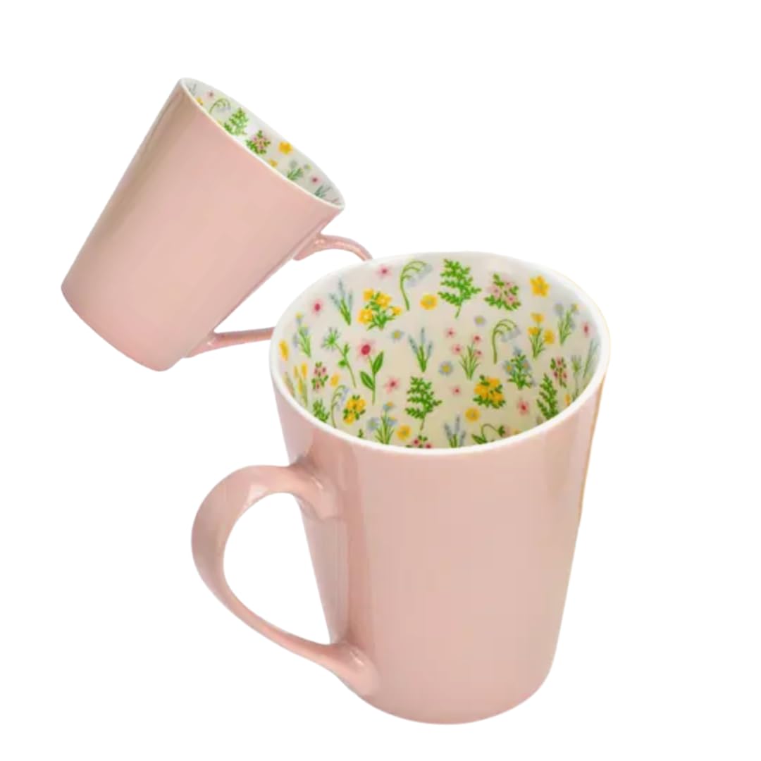 Juego de 3 tazas de café de porcelana, color pastel, interior con estampado de flores, rosa, amarillo, verde, idea de regalo de Pascua, 13 x 12 x 9 cm, 380 ml (3, rosa, amarillo y verde, juego de 3