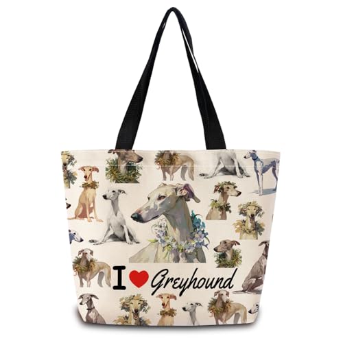 Love Grayhound Tote Bag Reusable Grocery Bags Cute Aesthetic Shopping Shoulder Handbag with Interior Zipper Pocket Lightweight & Washable Stylish Grayhound Present for Dog Lovers Women