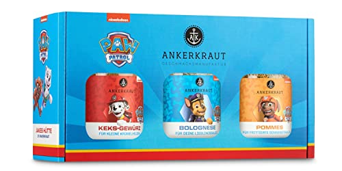 Ankerkraut ‚Jakes Hütte‘ Paw Patrol, Pommes Frites Salz, Bolognese und Keks Gewürz, Gewürze Set mit 3 Gläsern, Überraschung für Kinder, Geschenk-Idee, Lecker zu Hause Kochen, Cartoon-Edition Küche