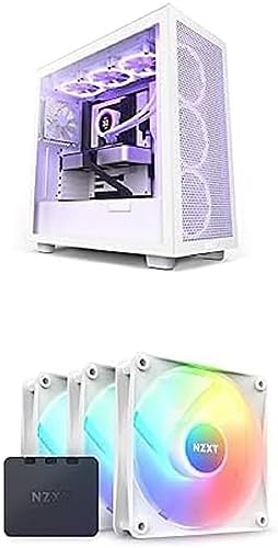 Bundle mit NZXT H7 Flow PC Gaming Gehäuse - Airflow Mesh Front - USB C & NZXT F120 RGB Core Dreierpackung – 3x120 mm RGB-Lüfter – 8 LEDs – Halbtransparente Lüfterblätter – Weiß